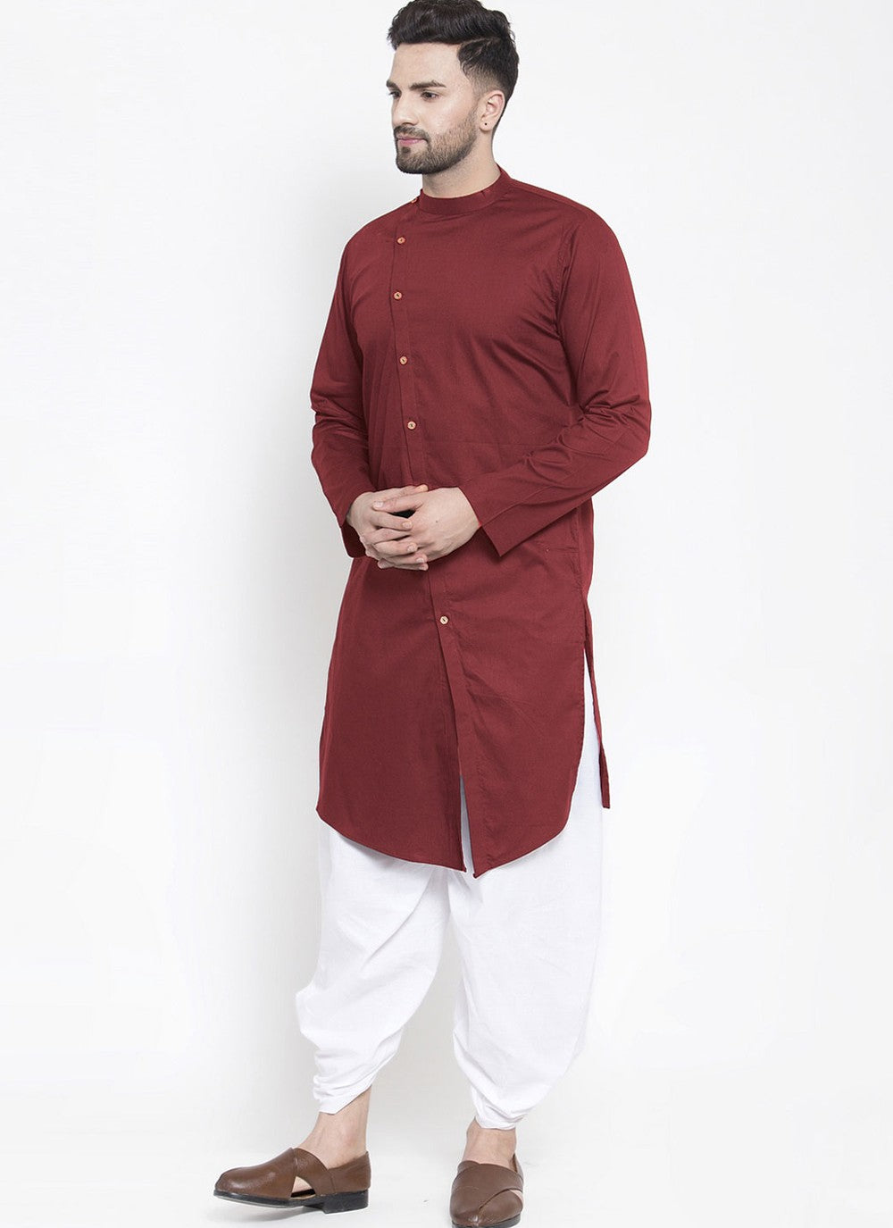 Plain Blended Cotton Maroon Dhoti Kurta - M4470