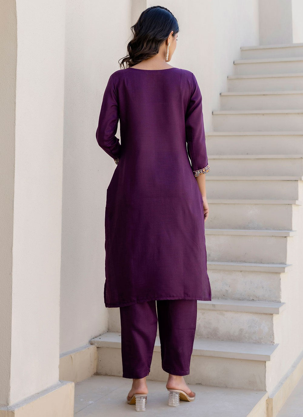 Pant Style Suit Embroidered Purple T7693