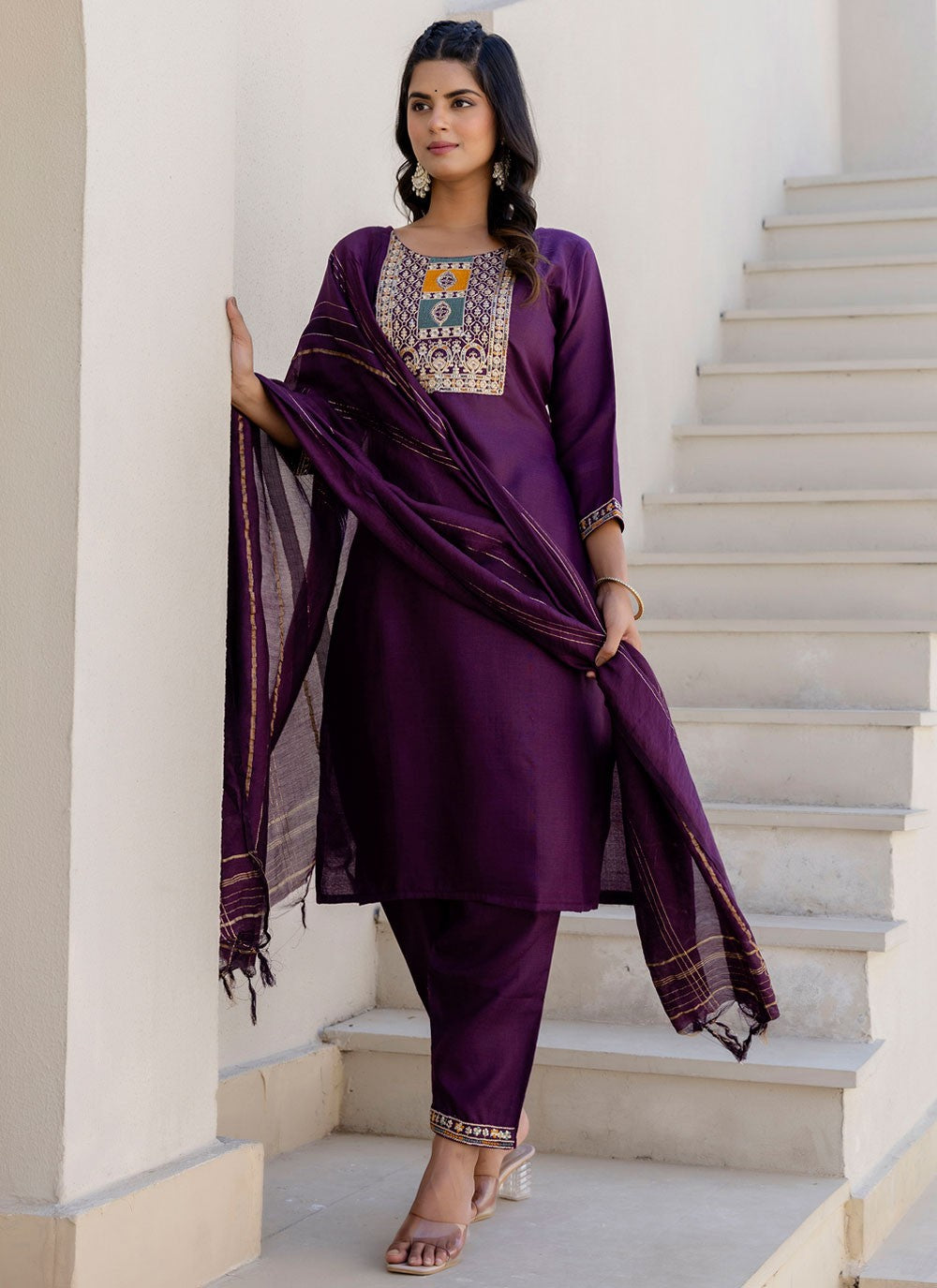 Pant Style Suit Embroidered Purple T7693