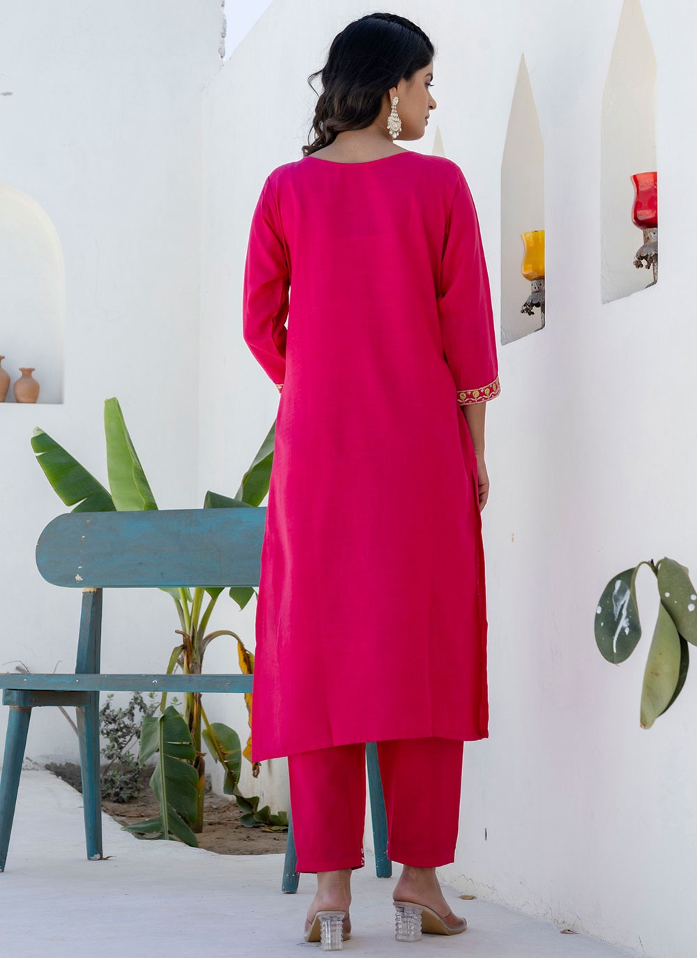 Pant Style Suit Embroidered Hot Pink T7691