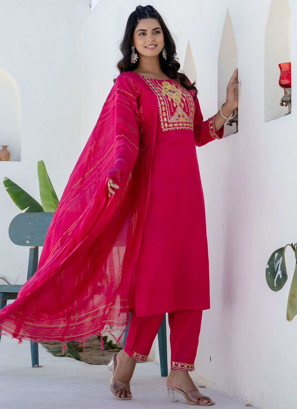 Pant Style Suit Embroidered Hot Pink T7691