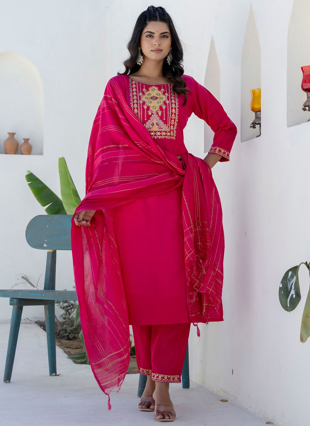Pant Style Suit Embroidered Hot Pink T7691
