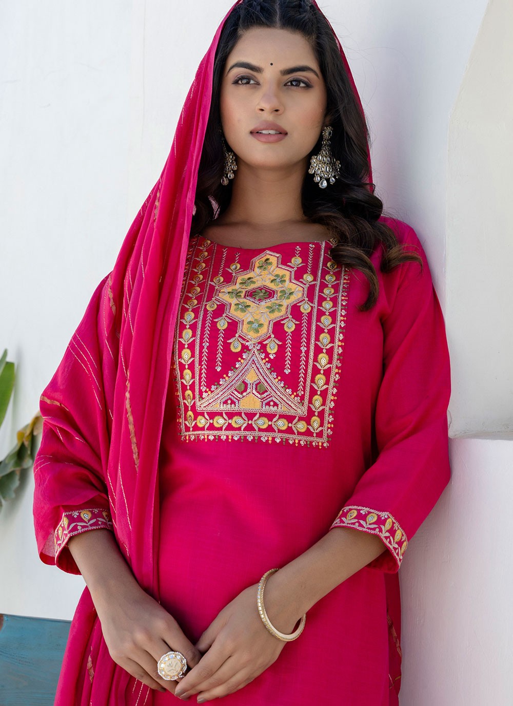 Pant Style Suit Embroidered Hot Pink T7691