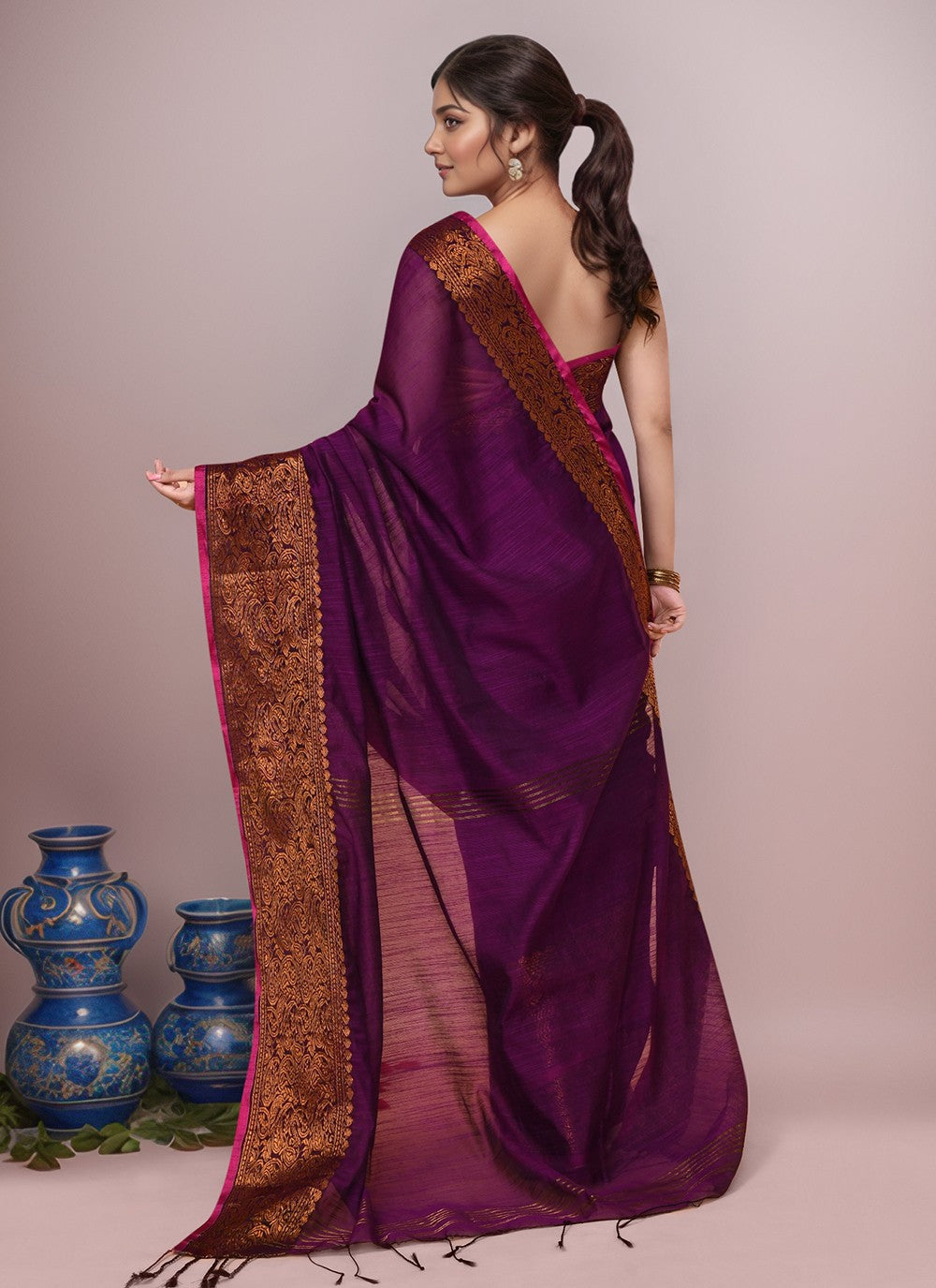 Wine Blended Cotton Trendy Saree Border Work S20010