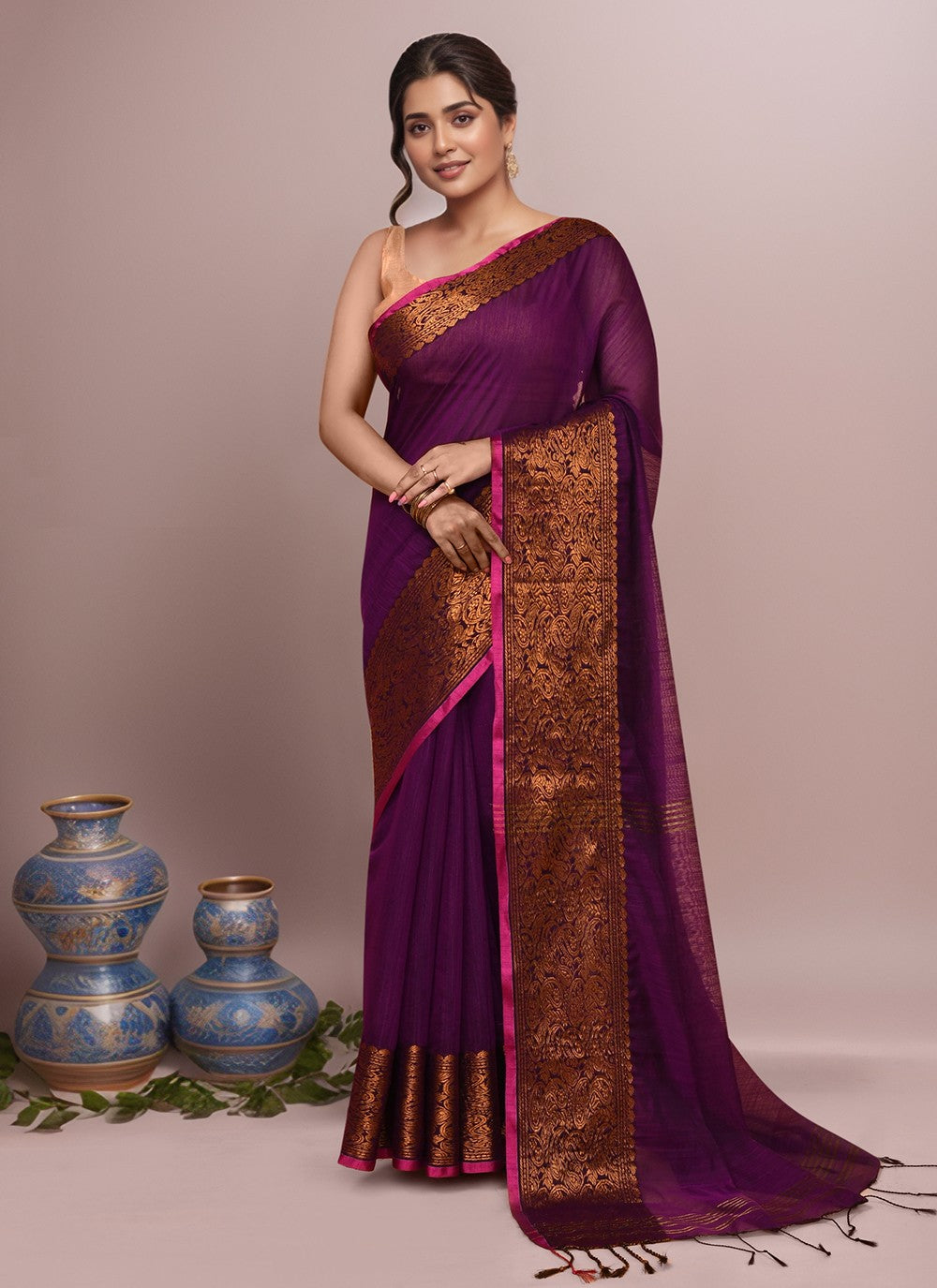 Wine Blended Cotton Trendy Saree Border Work S20010