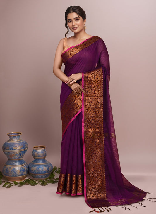 Wine Blended Cotton Trendy Saree Border Work S20010
