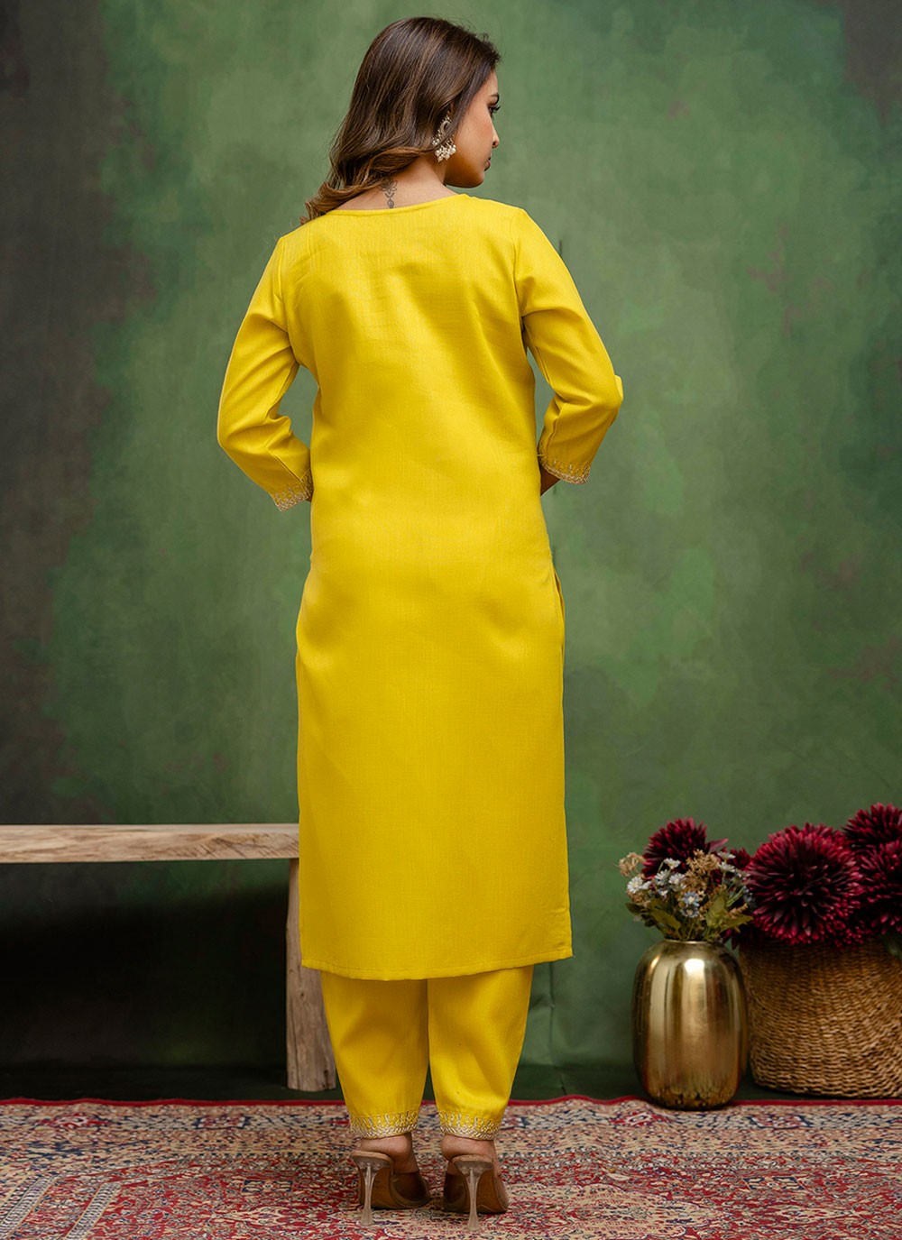 Pant Style Suit Embroidered Yellow T7792