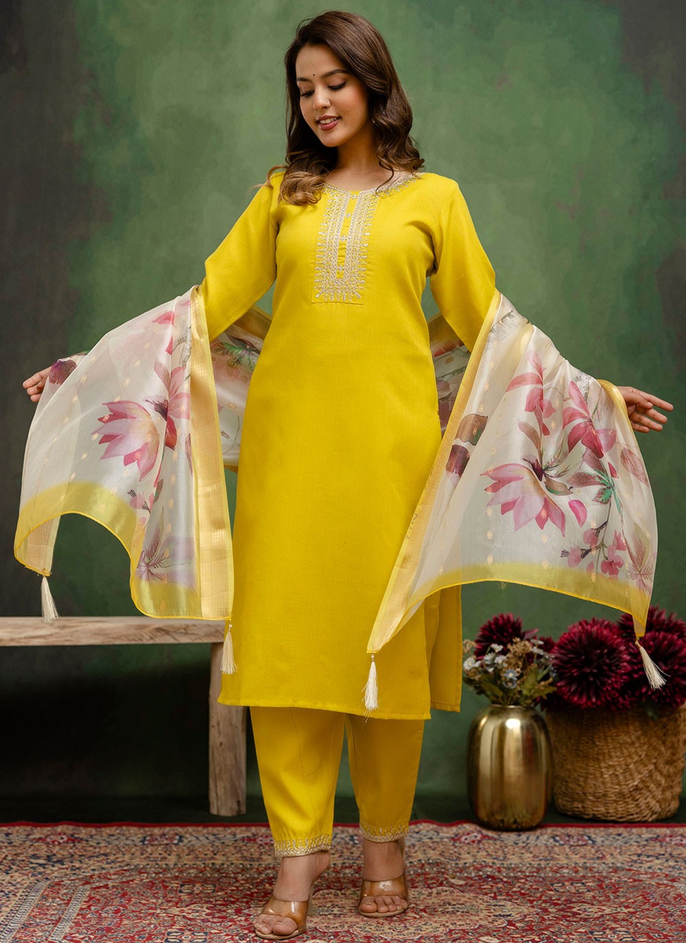 Pant Style Suit Embroidered Yellow T7792