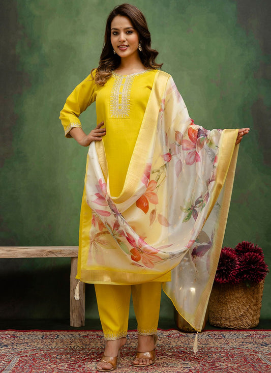 Pant Style Suit Embroidered Yellow T7792