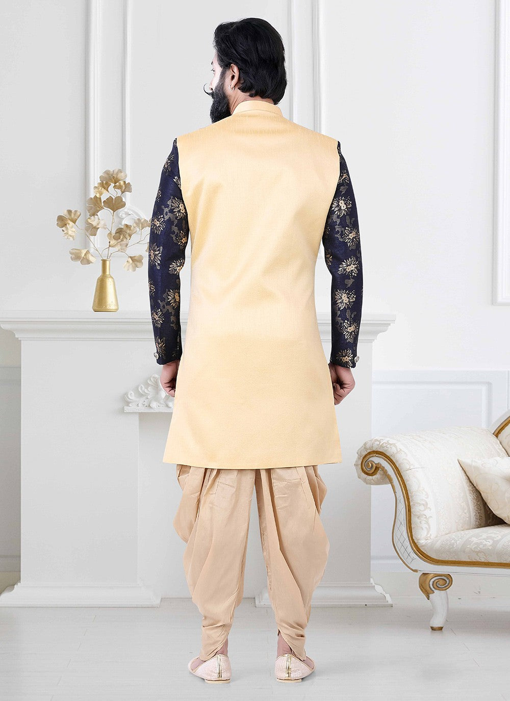 Embroidered Jacquard, Silk Blue, Cream Indo Western - M4189