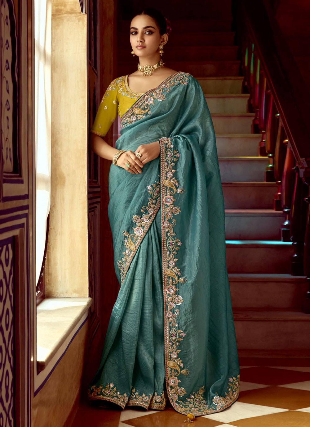Embroidered Fancy Fabric Blue Saree S14390