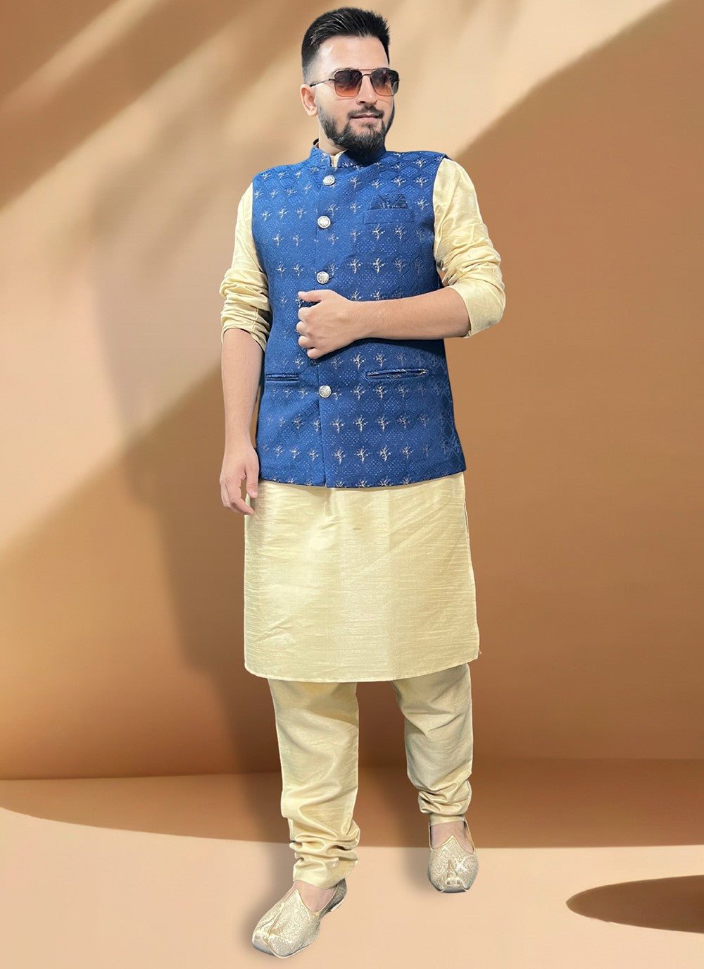 Fancy Work Jacquard, Silk Blue, Gold Kurta Payjama With Jacket - M5388
