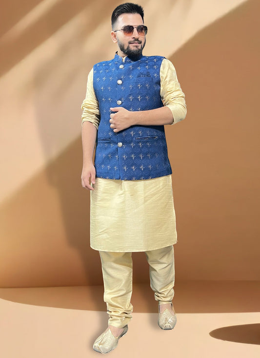 Fancy Work Jacquard, Silk Blue, Gold Kurta Payjama With Jacket - M5388
