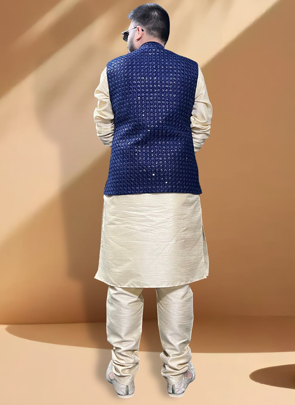 Embroidered Silk, Velvet Blue, Gold Kurta Payjama With Jacket - M5414