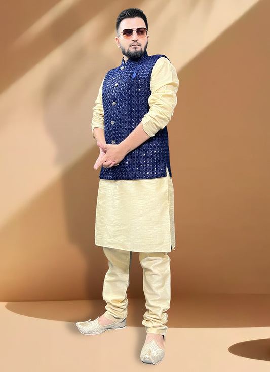 Embroidered Silk, Velvet Blue, Gold Kurta Payjama With Jacket - M5414