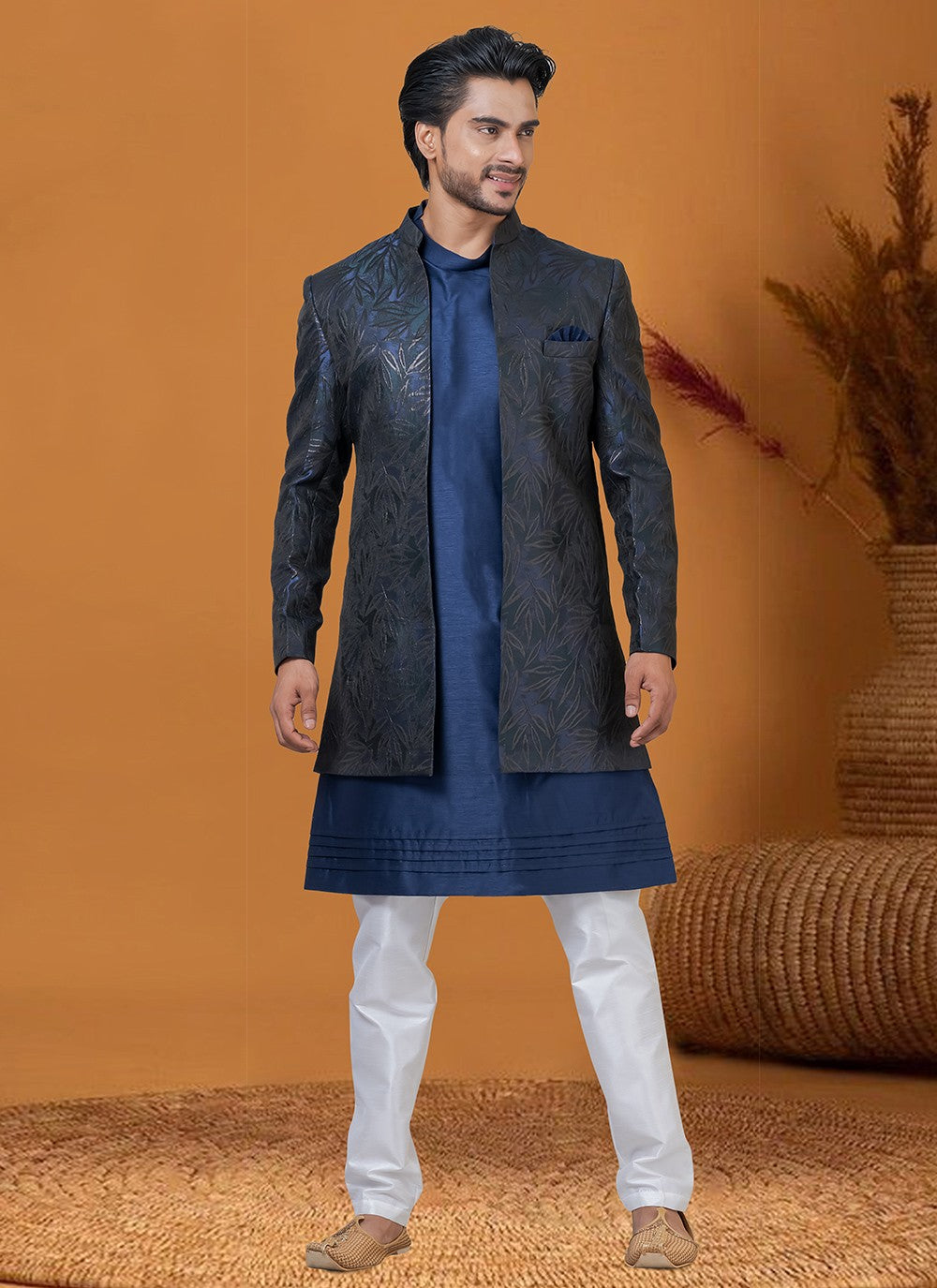 Jacquard Work Jacquard Silk Blue, Green Indo Western - M8370