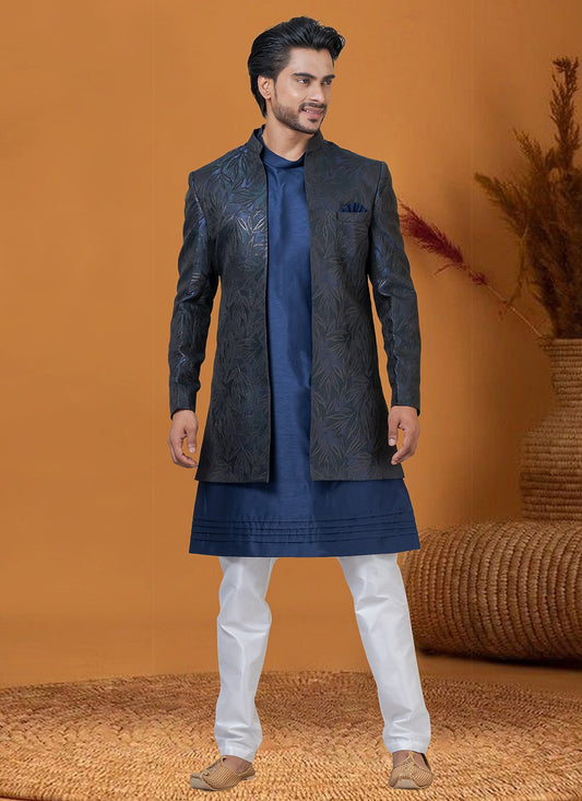 Jacquard Work Jacquard Silk Blue, Green Indo Western - M8370