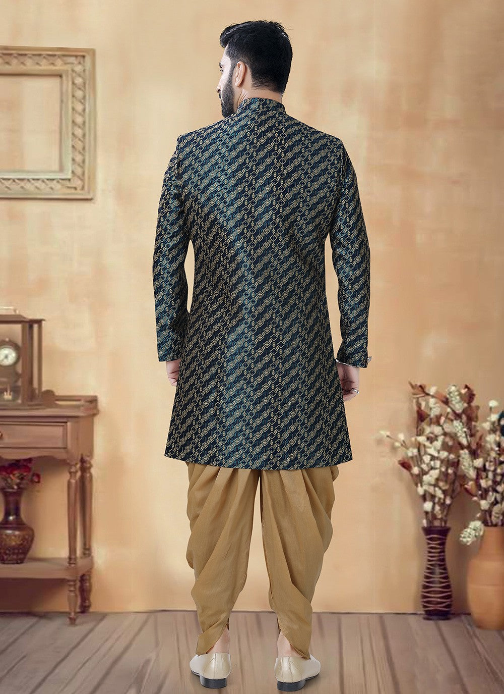Embroidered Jacquard Blue, Green Sherwani - M8507