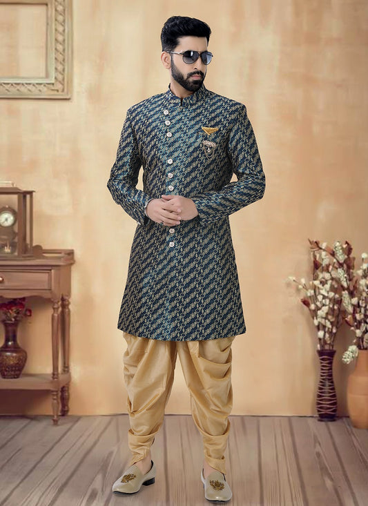 Embroidered Jacquard Blue, Green Sherwani - M8507