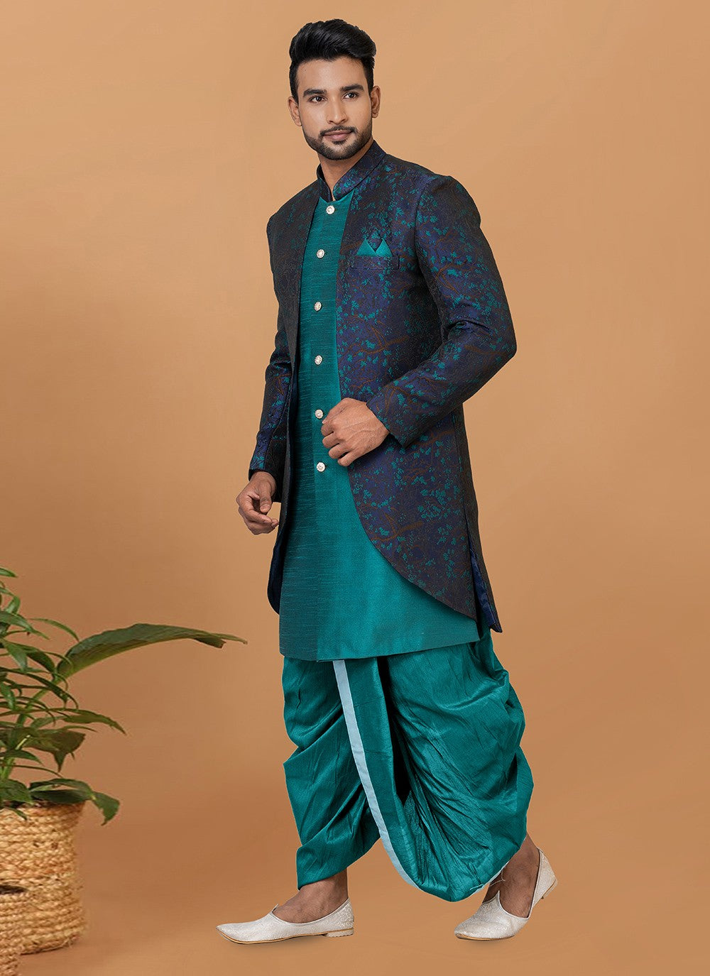 Fancy Work Dupion Silk, Jacquard Silk Blue, Green Indo Western Sherwani - M5992