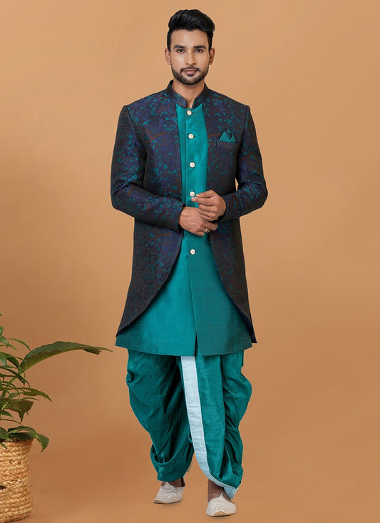 Fancy Work Dupion Silk, Jacquard Silk Blue, Green Indo Western Sherwani - M5992