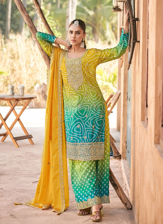 Salwar Suit Embroidered Blue, Green Chinon T5785