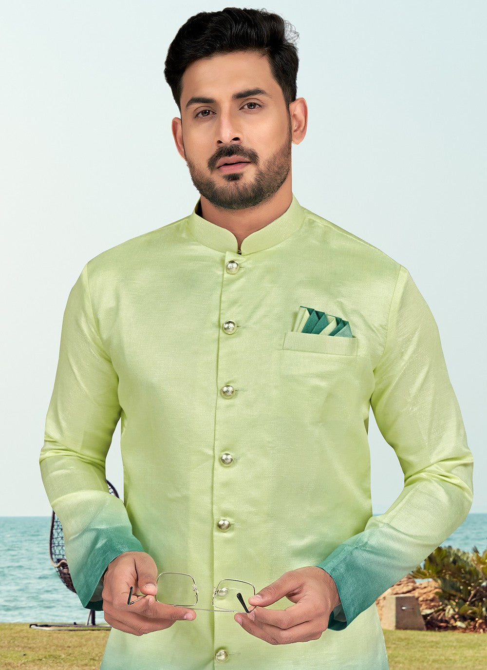 Buttons Silk Blue, Green Indo Western - M6589