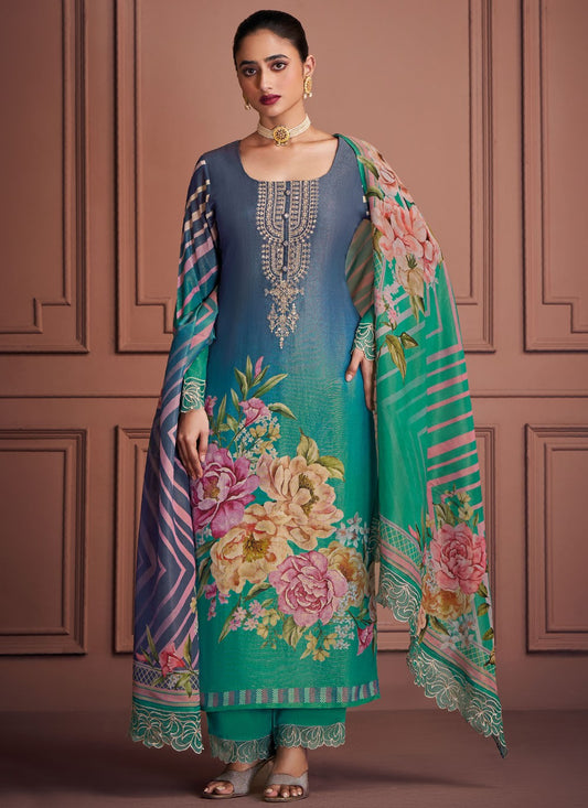 Salwar Suit Banarasi Jari Blue, Green Muslin T5793