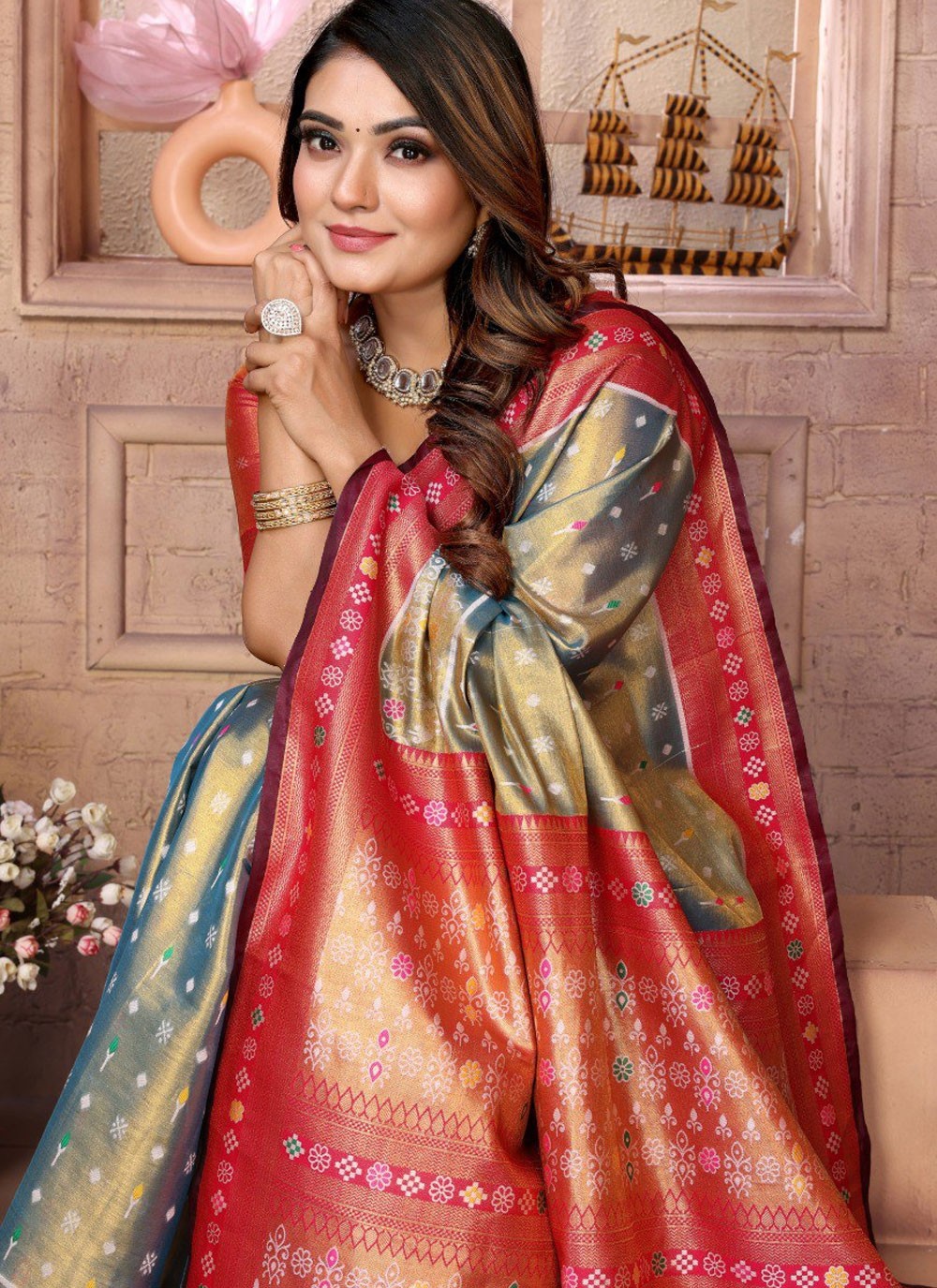 Classic Saree Jacquard Work Blue, Grey Banarasi Silk S12898