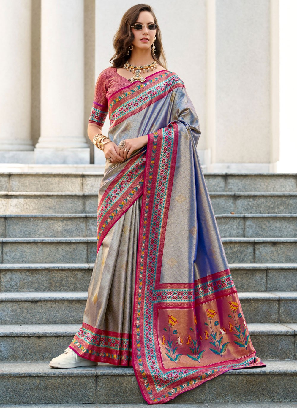 Classic Saree Weaving Zari Blue, Grey Silk Saree S13304