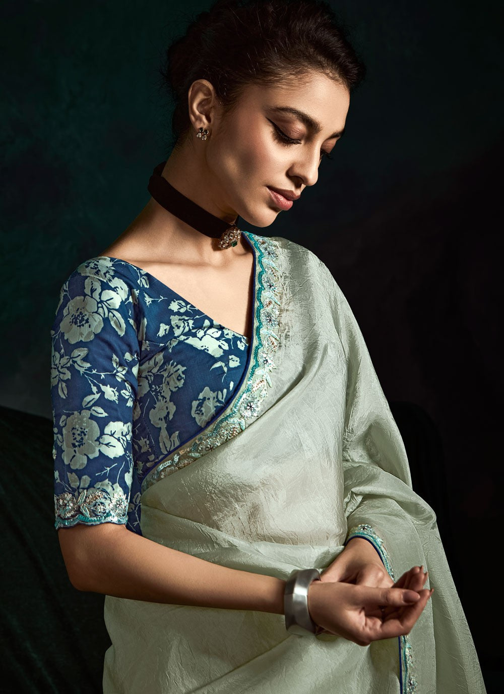 Contemporary Embroidered Blue, Grey Fancy Fabric Saree S13459
