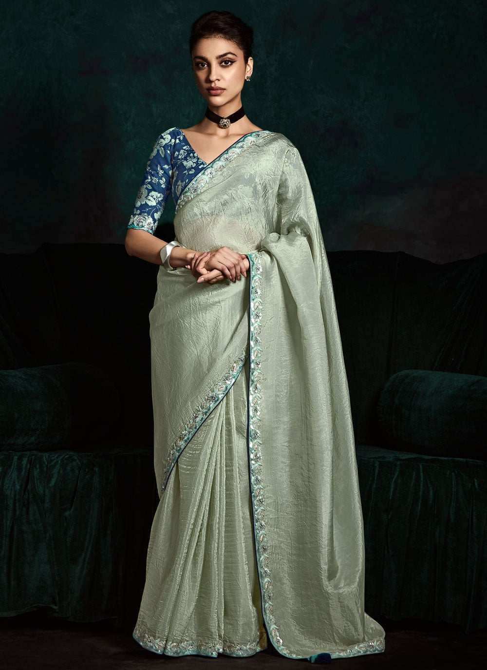 Contemporary Embroidered Blue, Grey Fancy Fabric Saree S13459