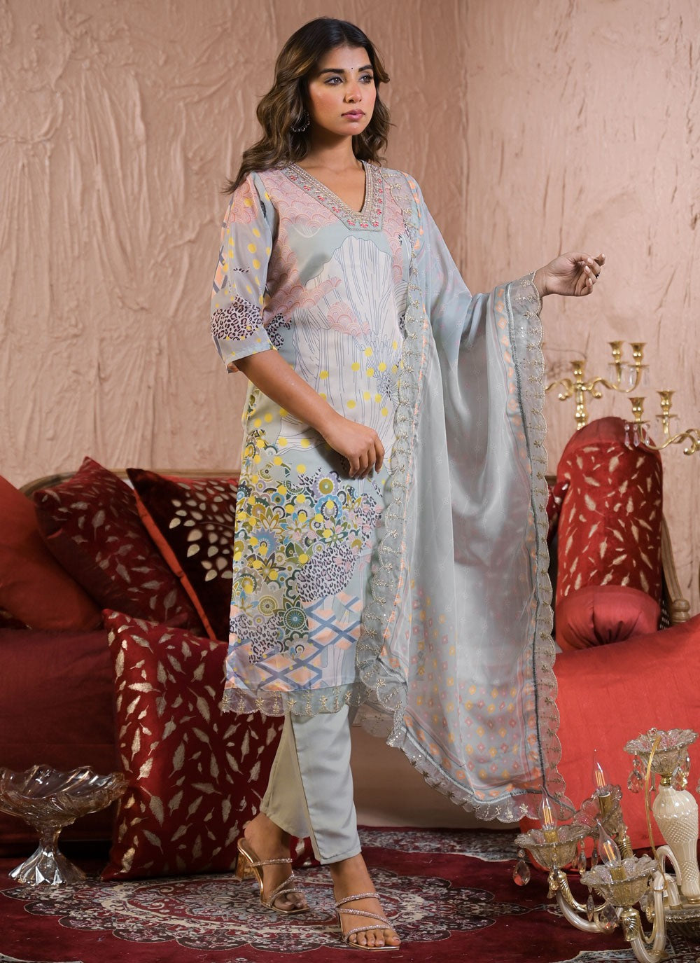 Pant Style Suit Embroidered, Fancy Work, Printed, Zari Blue T7000