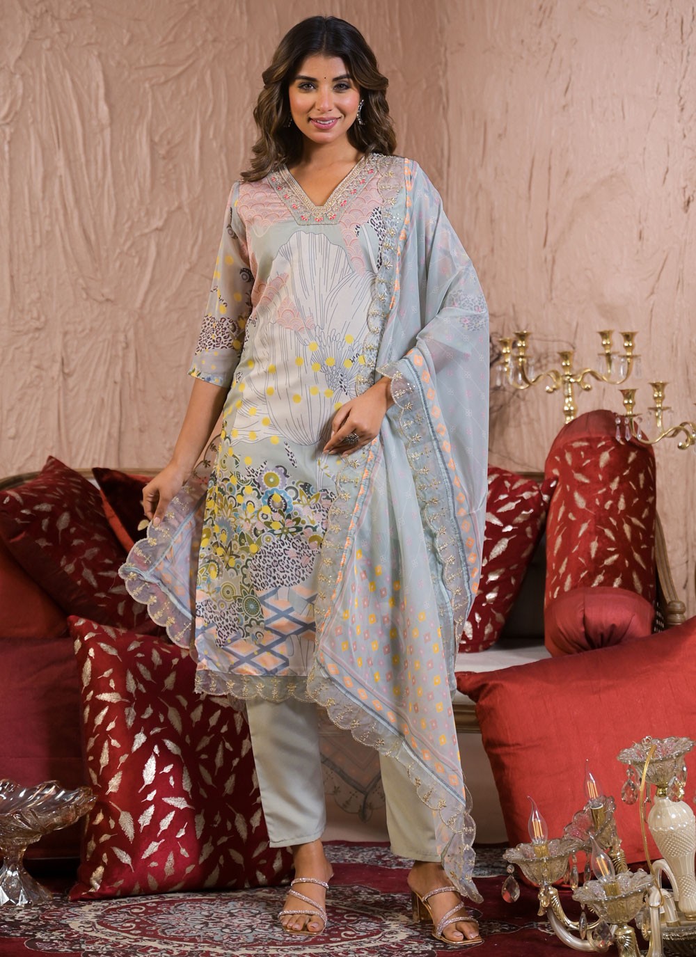Pant Style Suit Embroidered, Fancy Work, Printed, Zari Blue T7000