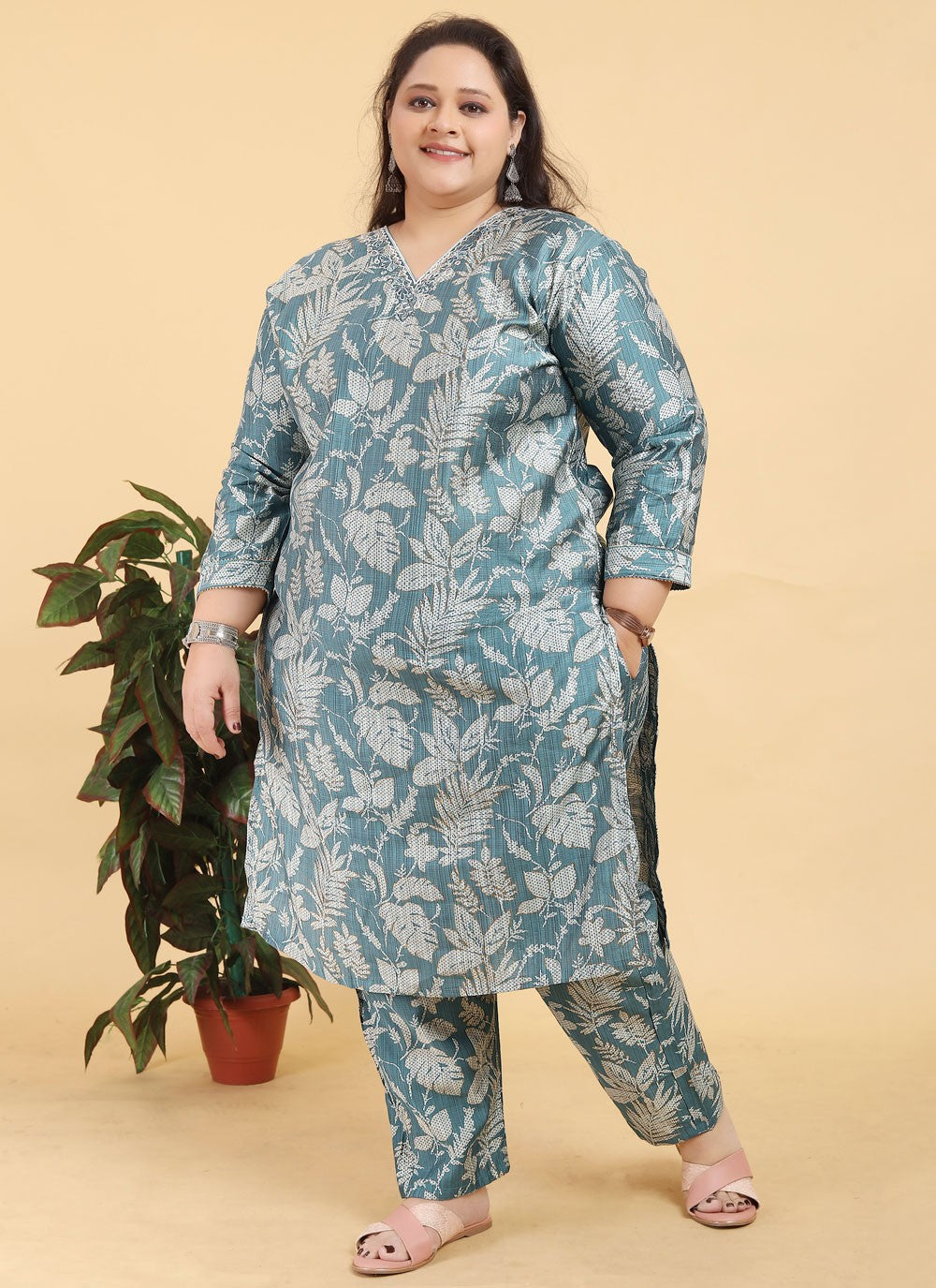 Salwar Suit Foliage Prints Blue, Grey Viscose T5112