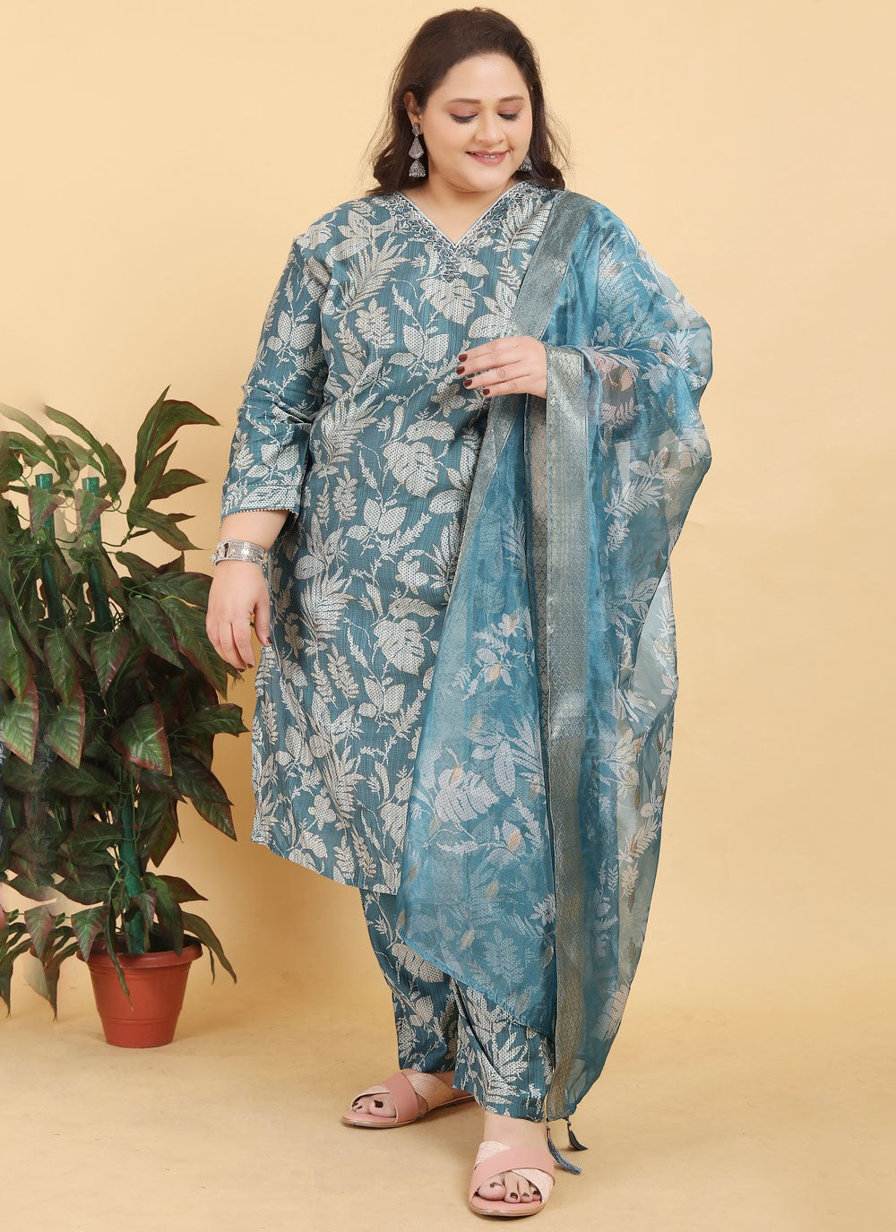 Salwar Suit Foliage Prints Blue, Grey Viscose T5112