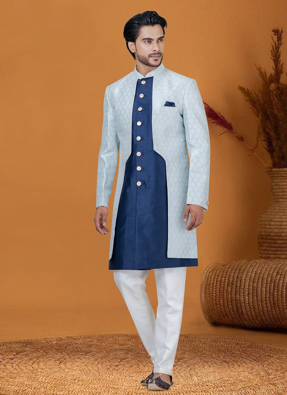 Jacquard Work Jacquard Silk Blue, Grey Indo Western - M8375