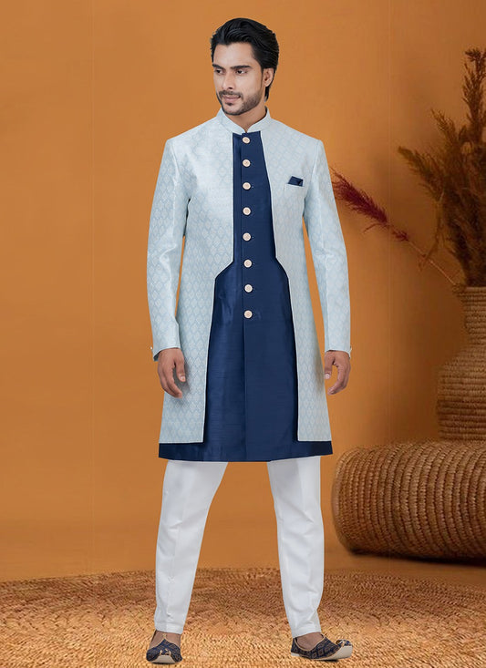 Jacquard Work Jacquard Silk Blue, Grey Indo Western - M8375