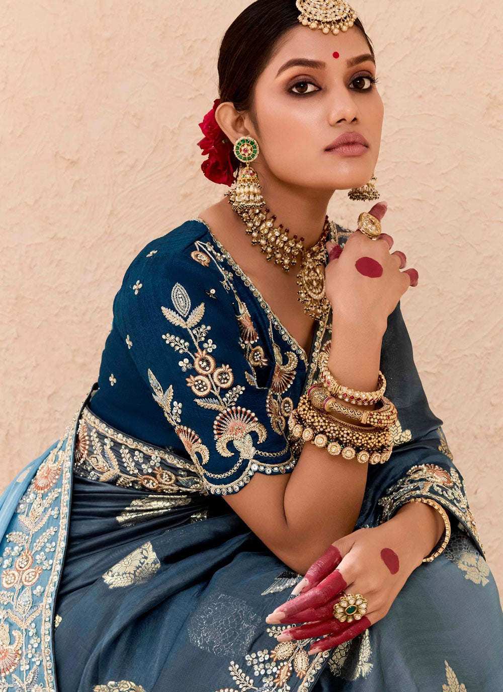 Contemporary Embroidered Blue, Grey Silk Saree S13654