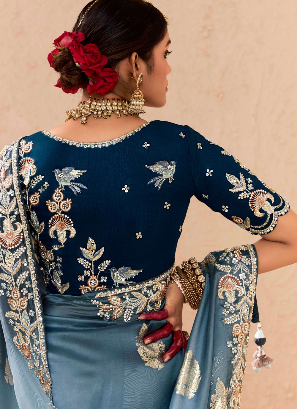 Contemporary Embroidered Blue, Grey Silk Saree S13654
