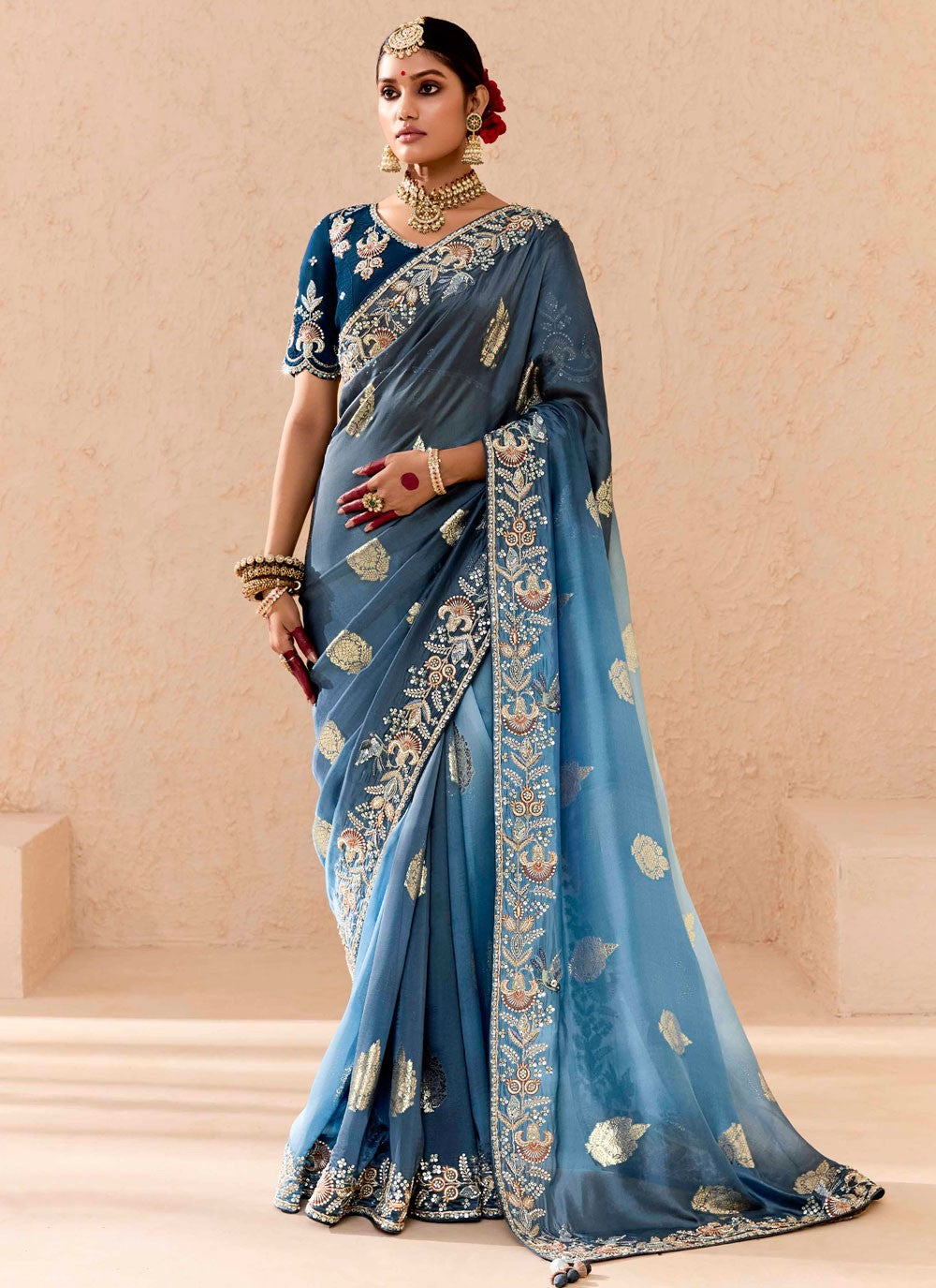Contemporary Embroidered Blue, Grey Silk Saree S13654