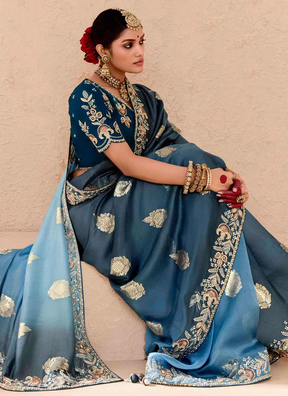 Contemporary Embroidered Blue, Grey Silk Saree S13654
