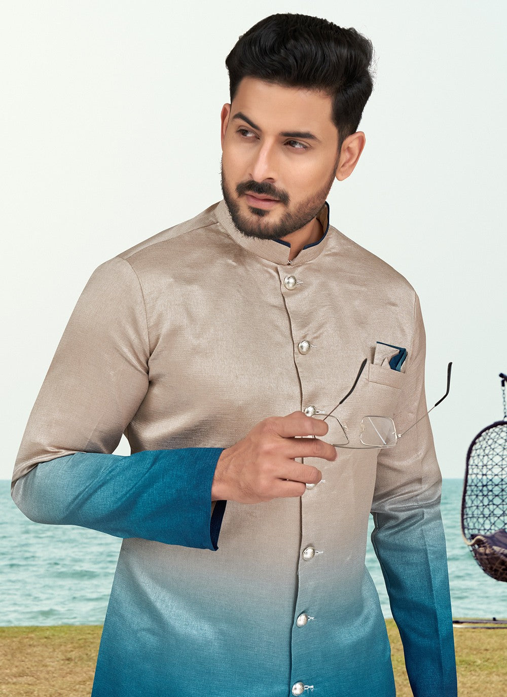 Buttons Silk Blue, Grey Indo Western - M6592