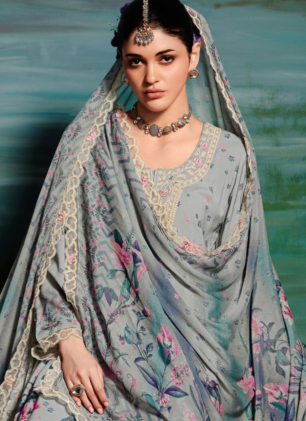 Pant Style Suit Digital Print Blue, Grey Muslin T5789