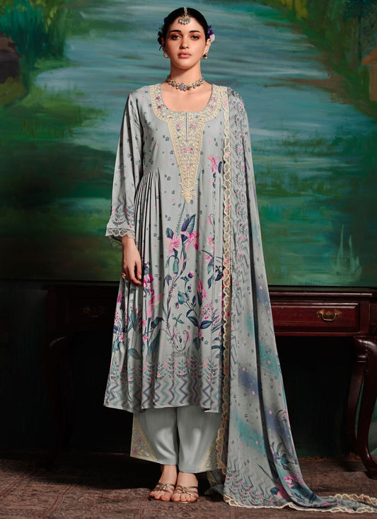 Pant Style Suit Digital Print Blue, Grey Muslin T5789