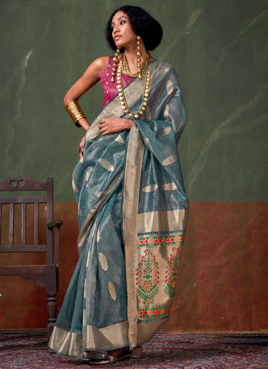 Weaving Zari Silk Blue Saree S13850