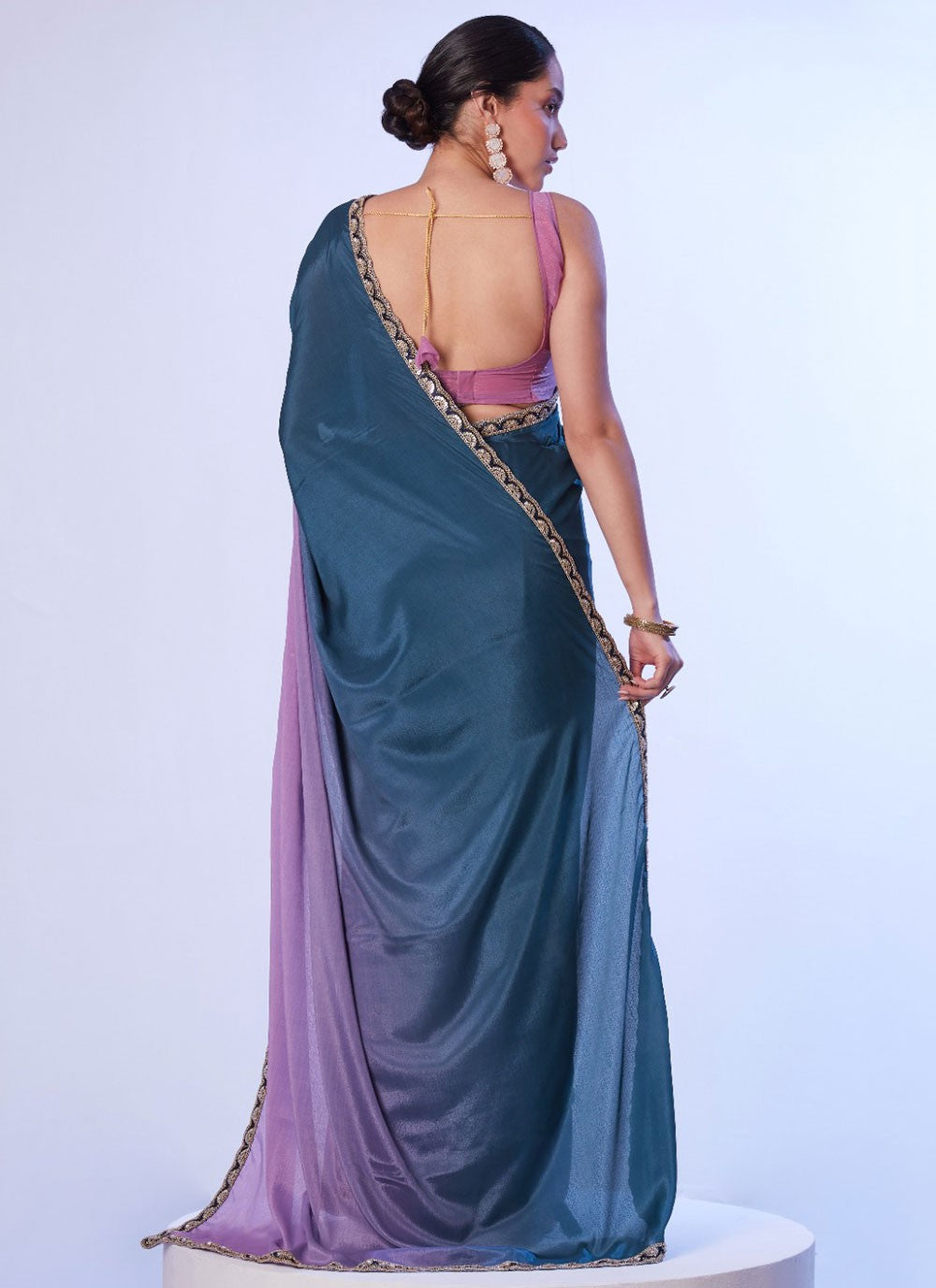 Classic Saree Border Work Blue, Lavender Chinon Saree S12795