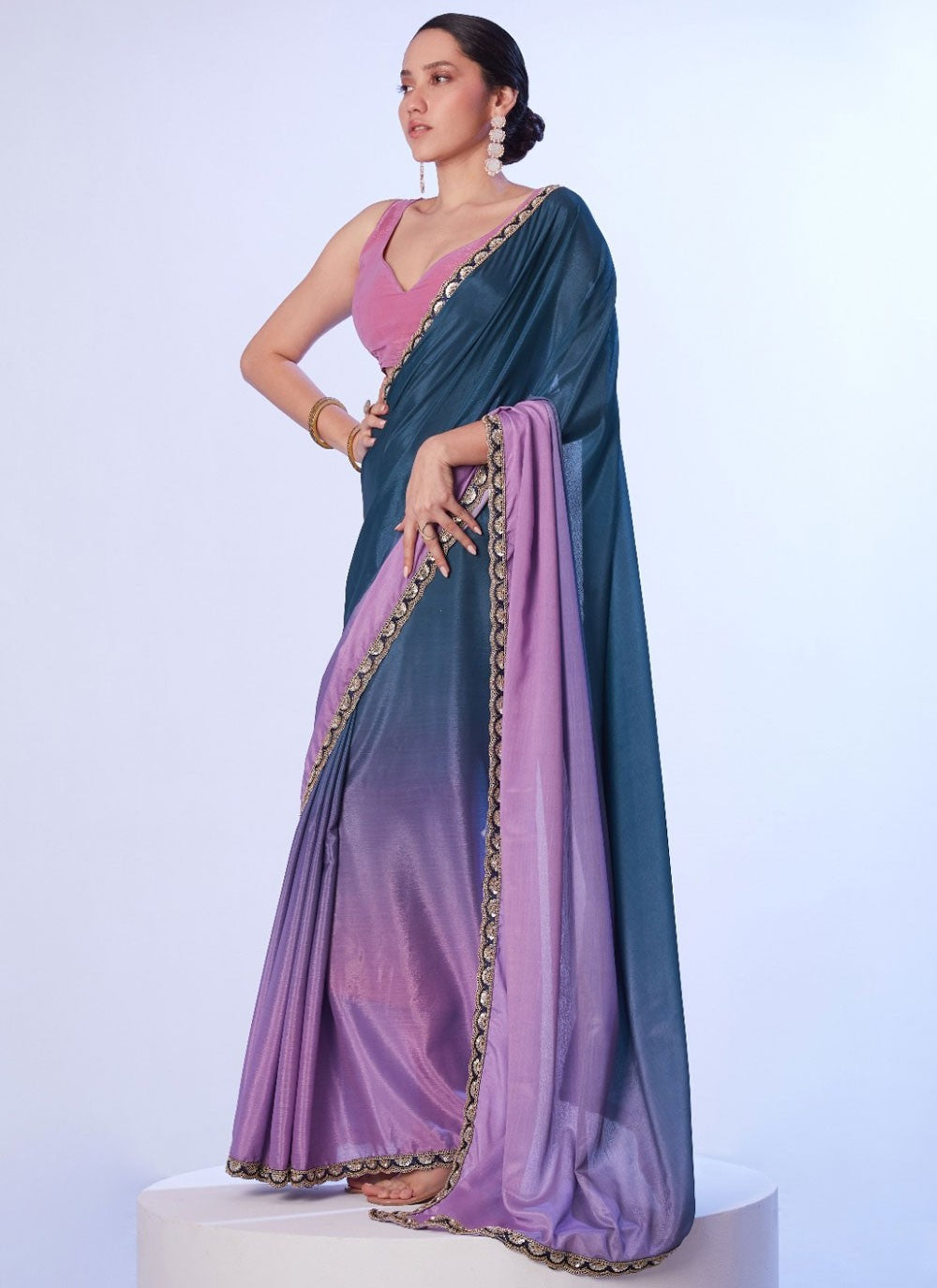 Classic Saree Border Work Blue, Lavender Chinon Saree S12795