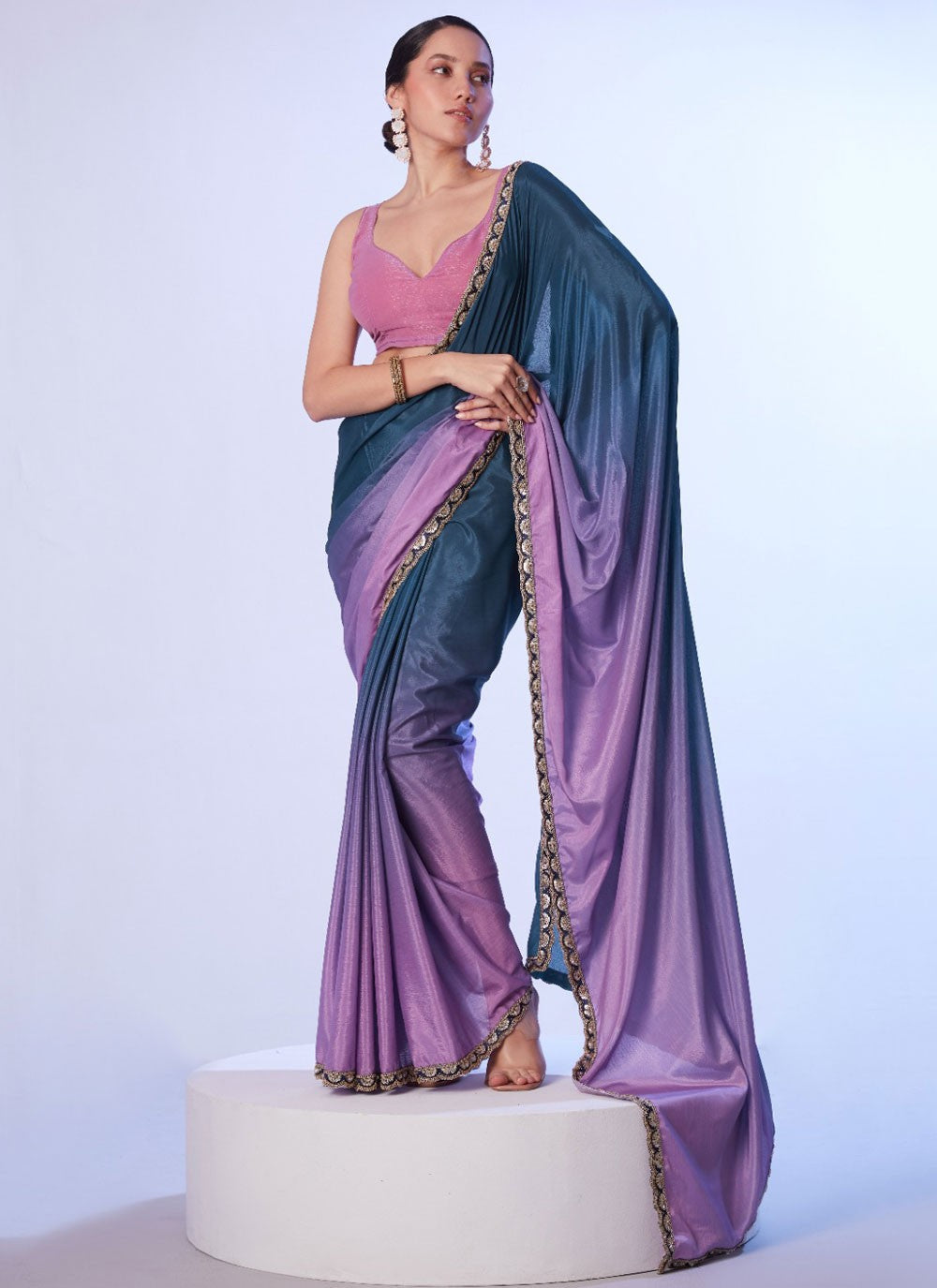 Classic Saree Border Work Blue, Lavender Chinon S12795
