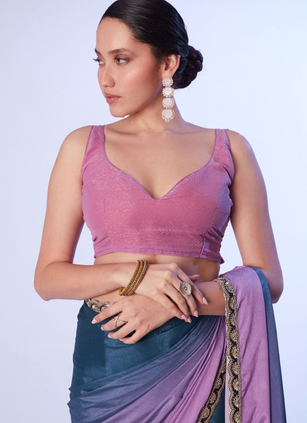 Classic Saree Border Work Blue, Lavender Chinon S12795